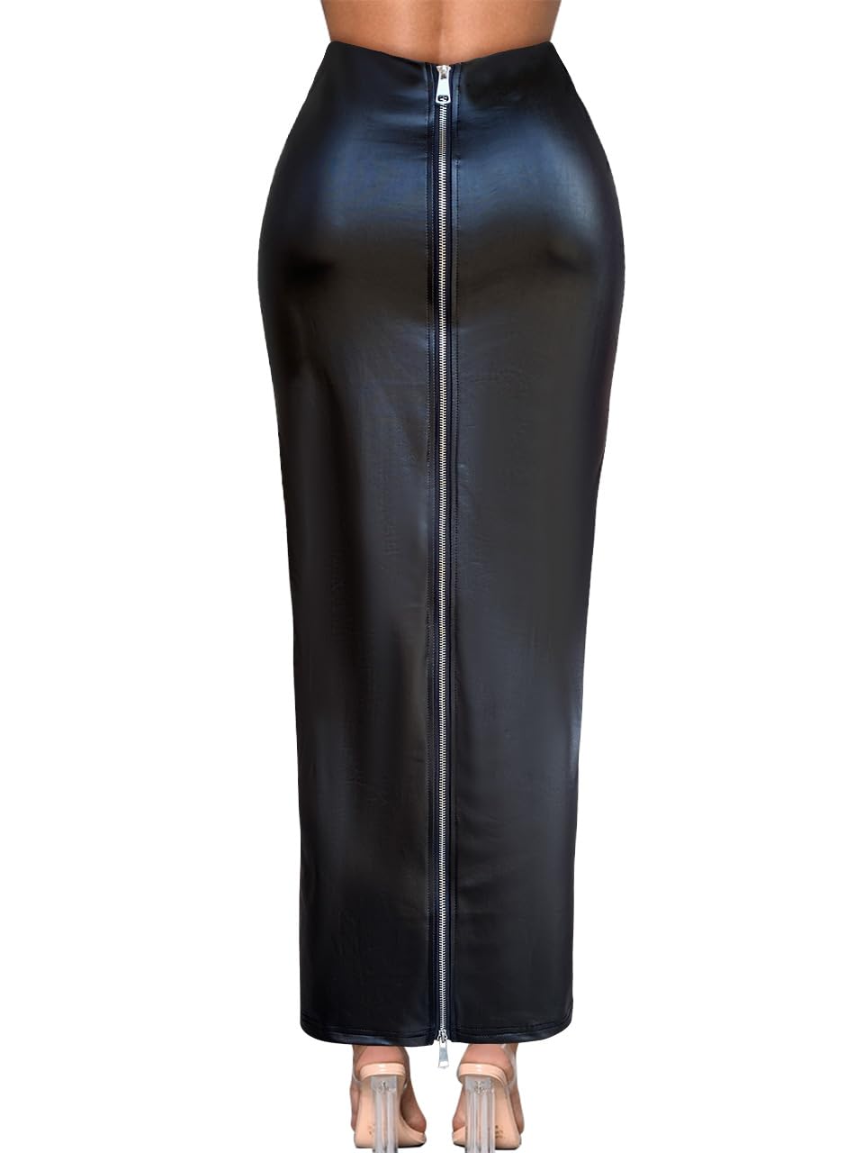 Womens Satin Maxi Skirt High Waist Pencil Style with Full Length Double Zipper Business Casual Office Wear