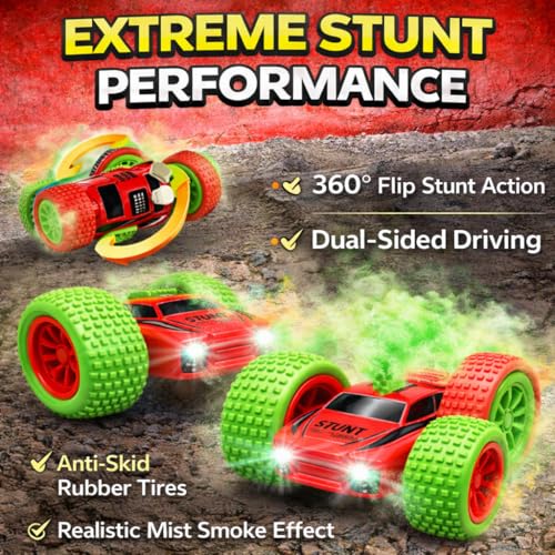 Image of SMART BOY 360 Stunt Remote Control Car for Kids Boys & Girls, Dual-Sided Driving Rock Crawler, Rechargeable Off-Road 4WD RC Toy, Smoke Mist Effect, Anti-Skid Rubber Tires, LED Lights, 1178 RED