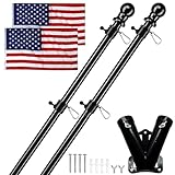 Flag Pole Kit for Outside House with American Flag, Black Flagpoles Residential Kit with 6FT Tangle Free Metal Flag Poles*2, 3x5 Embroidered US Flag*2 & Double Holes Flag Holder Bracket*1