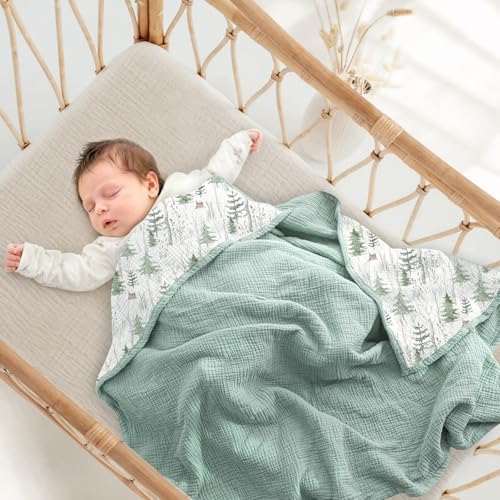 Image of lulumoon Muslin Baby Blanket for Unisex - Soft Cotton Receiving Blanket for Infant - 4 Layer Reversible Breathable Crib Bedding for Stroller and Nursery Decor 47 inchx47 inch (Green Forest Stump)