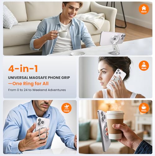 Image of Multi-Functional Magnetic Phone Grip Kickstand for MagSafe, Phone Holder for Hand, Foldable Ring Stand with Finger Loop Strap for Bedtime Scrolling & On-the-Go, Wireless Charging Compatible, Silver