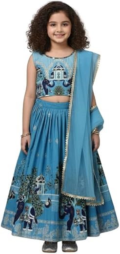 Jay Dwarkadhish Impex Girls Satin Fabric Printed Lehenga Choli Set with Animal Print Border, Designer Pattern &amp; Matching D...