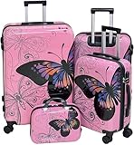 SUREVOY Pink Butterfly 4-Piece Luggage Set, Hard Shell ABS+PC with 360° Spinner Wheels, Combination Lock, Glossy Scratch-Resistant Surface & Waterproof Interior (20/24/28