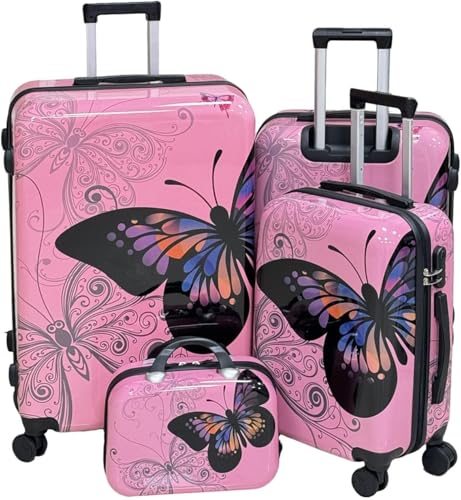 SUREVOY Pink Butterfly 4-Piece Luggage Set, Hard Shell ABS+PC with 360° Spinner Wheels, Combination Lock, Glossy Scratch-Resistant Surface & Waterproof Interior (20/24/28