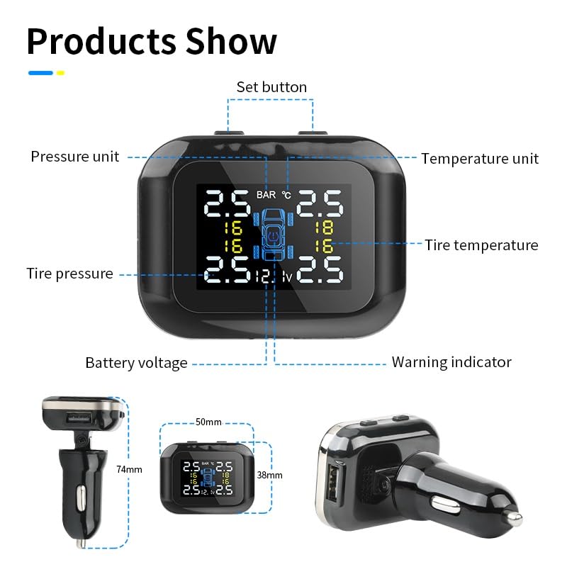 Tpms Sistema di Allarme for Pressione Pneumatici Regolabile con Angolo accendisigari aggiornato for Auto Intelligente con Accessori Moto USB Pressione Pneumatici(Internal Sensors)