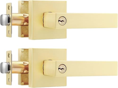 Leydebong Paquete de 2 manijas de entrada doradas con llave igual, manija de puerta de entrada resistente, perillas de puerta interiorexterior con