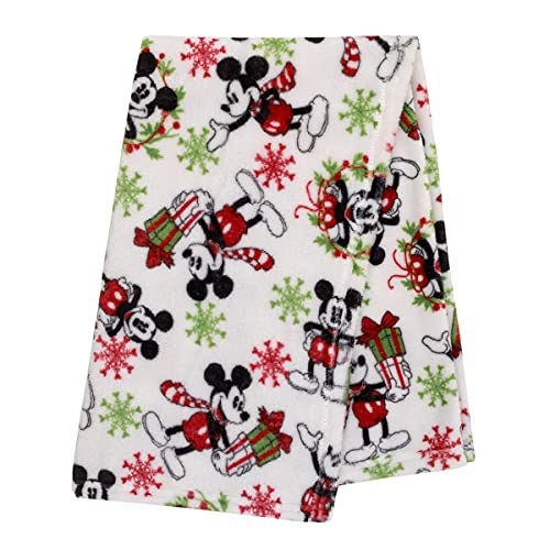 Image of Disney Mickey Mouse White, Red, and Green Holiday Christmas Wreathes, Gifts, and Snowflakes Super Soft Baby Blanket