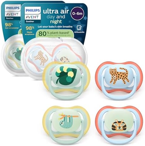 Philips Avent ultra air Day & Night Schnuller – kiefergerecht geformtes Design, für Babys, 0–6 Monate, leuchtet im Dunkeln, weicher, symmetrischer Silikonsauger, BPA-frei, 4er-Pack
