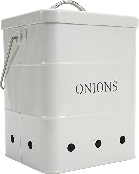 Onion Storage Bin, Metal Storage Tin with Aerating Holes - Kitchen Pantry Organizer, Fresh Keeper White