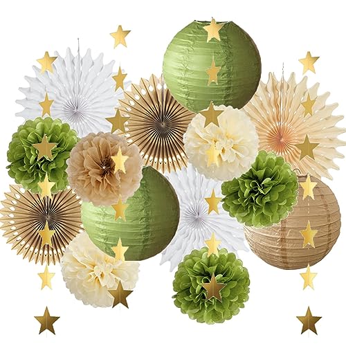 Olive Green and Brown Party Decorations Paper Lanterns and Fans Olive Green Tissue Pom Poms Cream with Gold Star Garland for Baby Shower Bridal Shower Wedding Birthday Party Decorations