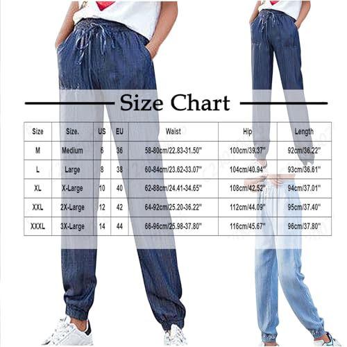 Women Rib Cuffs Jogger Jeans, Elastic Waist Drawstring Bow Tie Denim Pants Lightweight Baggy Casual Straight Trousers2