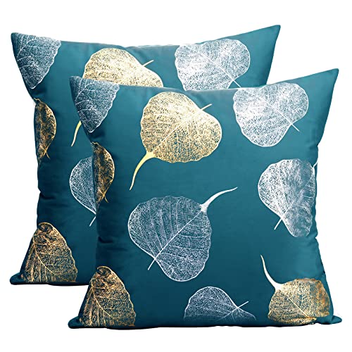 Idocolors Lot de 2 Housses de Coussin en Velours Bleu Foncé 45x45 cm Taies d'oreiller Décoratives avec Motif de Feuilles pour Canapé, Chambre à Coucher, Voiture Cover
