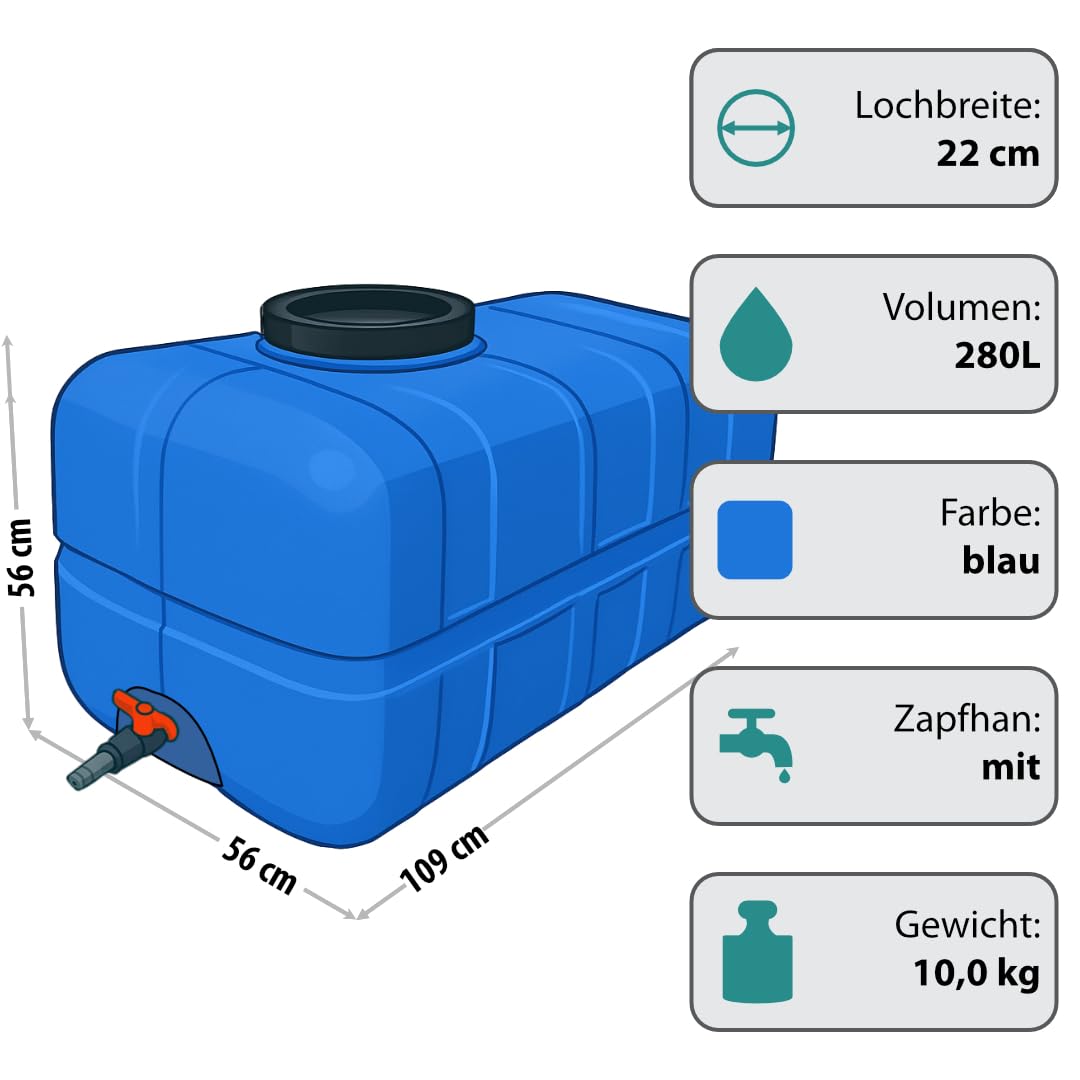 F & R Wassertank 280 Liter, Wasserbehälter mit Deckel & Zapfhahn, Wasserspeichertank aus Kunststoff, Großbehälter für Haushalt, Gewerbe & Industrie, Container für Wasser, Frischwassertank, Blau