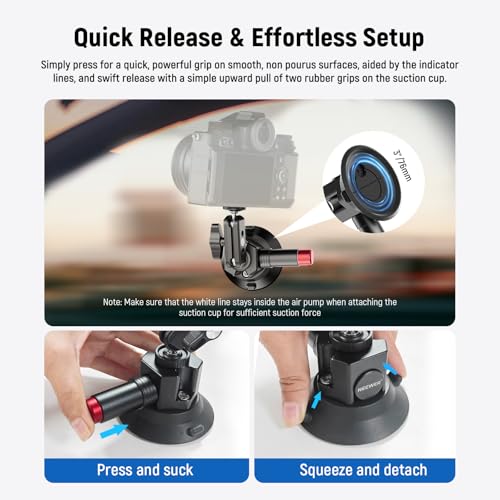 Image of NEEWER 3 inch Suction Cup Camera Mount Bracket with Ball Head Magic Arm, CA104 | 1 /4 inch ARRI Holes, Quick Release Car Mount, Phone Holder, Action Camera Adapter, Compatible with iPhone DJI Insta360
