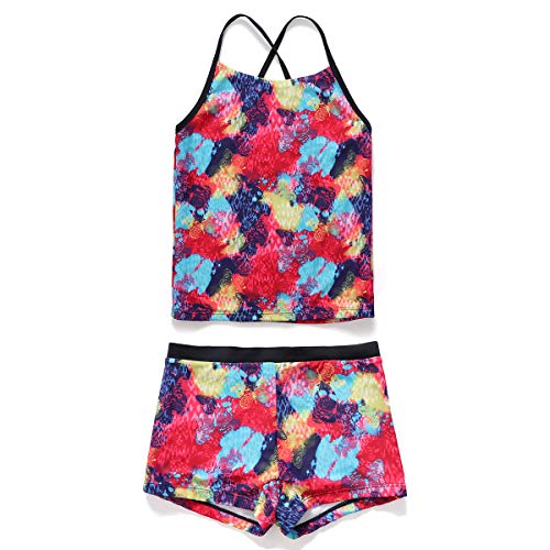 PHIBEE Girls' Tankini Summer Rash Guard Bathing Suits Two Piece Cross Straps Swimsuit with Shorts 2-14 Years