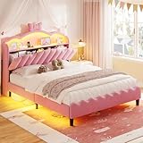 ADORNEVE Full Size Bed Frame with Storage Headboard, LED Lights, Princess Velvet Upholstered Platform Bed for Girls/Kids, Headboard with Charging Station & Bow Accent, No Box Spring Needed, Pink