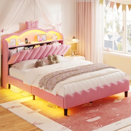 ADORNEVE Full Size Bed Frame with Storage Headboard, LED Lights, Princess Velvet Upholstered Platform Bed for Girls/Kids, Headboard with Charging Station & Bow Accent, No Box Spring Needed,