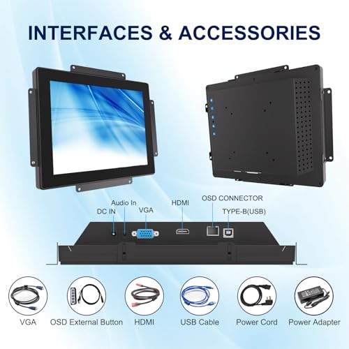 Image of 10-Point Touch Industrial Display 1024x768,IP65 Waterproof Front Panel 10.4 Inch Open Frame Capacitive Display, HD-MI VGA Port, Full Black Back Shell