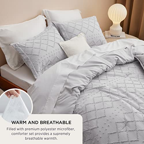 Image of Bedsure Full Comforter Set - Light Grey Comforter, Boho Tufted Distressed Vintage Bedding for Kids, 3 Pieces Farmhouse-Style Bed Set for All Seasons, Fluffy Soft Bedding with 2 Pillow Shams