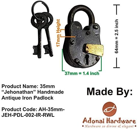 Adonai Hardware Jehonathan Handmade Antique Iron Padlock (65mm x 38mm x 22mm, Black Powder Coated)