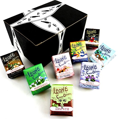 Pastiglie Leone Classic Pastilles 8-Flavor Variety: One 1 oz Package Each of Violet, Anise, Cinnamon, Peppermint, Coffee, Green Tea, Absinth, and Licorice in a BlackTie Box (8 Items Total)
