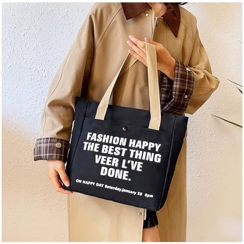 Canvas Tote Bag with Zipper, Beige Black Multi Pocket Shoulder Bag for Women, Medium Handbag Purse for Work3