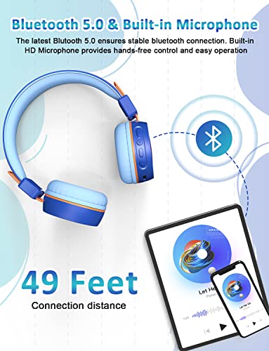 Image of New Bee Kids Bluetooth Headphone with Microphone Bluetooth 5.0 Wireless Kids Headphones with 32H Playtime /94dB Volume Limited On Ear Headphones for School /Girls /Boys /iPad /Fire Tablet(Blue)