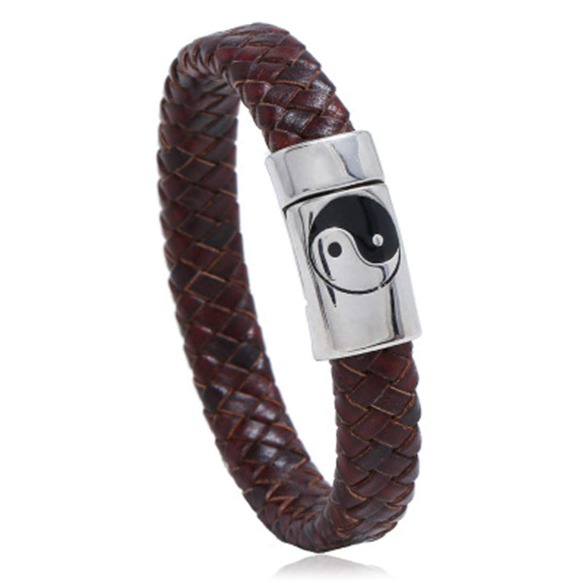 PangkeMen's Braided Bracelet Yin Yang Taoist Symbol Taichi Yoga Leather Cords Woven Magnetic Clasp Bangle Wristbands (brown, 8.0)