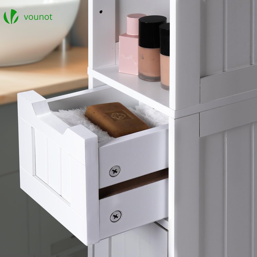 VOUNOT® Armario para Baño Alto Mueble Columna de Baño, Estanterías con 2 Puertas y 1 Cajón, Estantes Ajustables Espacio Abierto, Mueble Auxiliar de Almacenaje para Salón Dormitorio, 20x20x180cm,Blanco