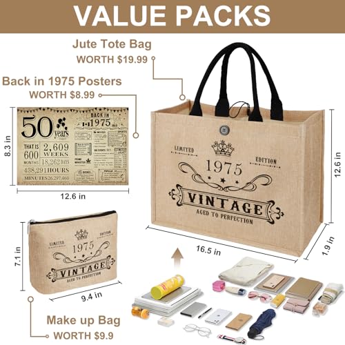 Image of YeohJoy 50th Birthday Gifts for Women Jute Tote Bag, Vintage 1975 Burlap Bag with Cosmetic Bag and Back in 1975 Poster, Unique 50 Years Old Gifts for Mom Friends Wife Sister Her