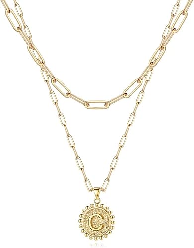 Gargantilla en capas para mujer, chapada en oro de 14 quilates, cadena fina de eslabones, collar sencillo, ajustable, con dije de moneda con letra