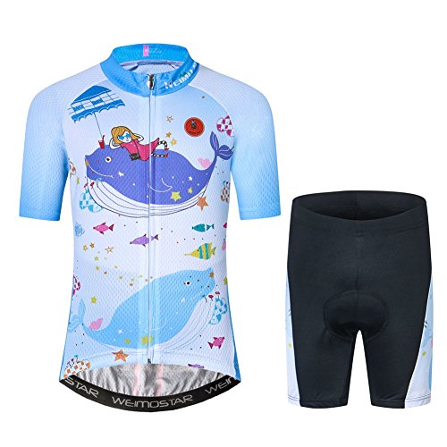 Cycling Jersey Kids,Short Sleeve Cartoon Road Mountain Bike Jersey Set/Top/Short for Girls Boys Breathable Full-Zipper Comfortable (XL)
