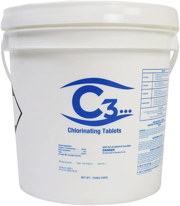 C3... 3" Stabilized Chlorine Tablets for Swimming Pools | Easy to Use | for Above Ground or Inground Pool | Individually Wrapped Chlorinating Tabs | Slow Dissolving | 50 lbs