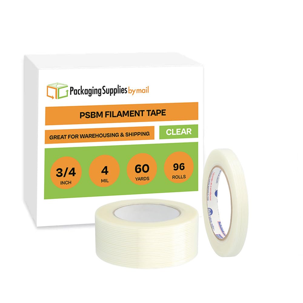 PSBM Filament Tape, Medium Grade, 0.75 Inch x 60 Yards, 96 Pack, 3/4 Inch Tensilized Fiberglass Strand Tape for Bundling Palletizing Reinforcing