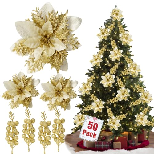 trytuny 50pcs Glitter Poinsettia Christmas Ornaments, Artificial Flowers with Clips Stems for DIY Wreath Making, Holiday Home Party Decorations, Indoor Use (Gold) - image 1