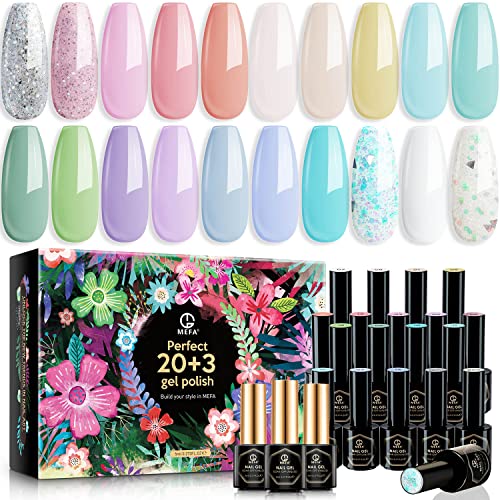 MEFA Gel Nail Polish Set, 23 PCS Pastel Blue Pink Green Purple Glitter Macaron Light Shades Colors with Glossy/Matte Top and Base Coat Soak Off Nail Gel Polish Starter Kit Manicure Nail Art DIY Salon Valentine's Day Gift