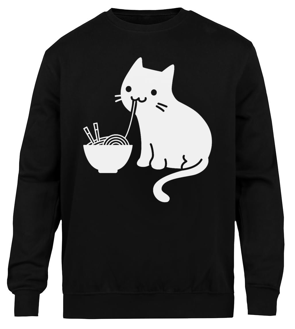 Uroczy Kot Jedzący Ramen Unisex Czarny Sweter Ekologiczny Unisex Black Sweatshirt Eco-Friendly Crewneck