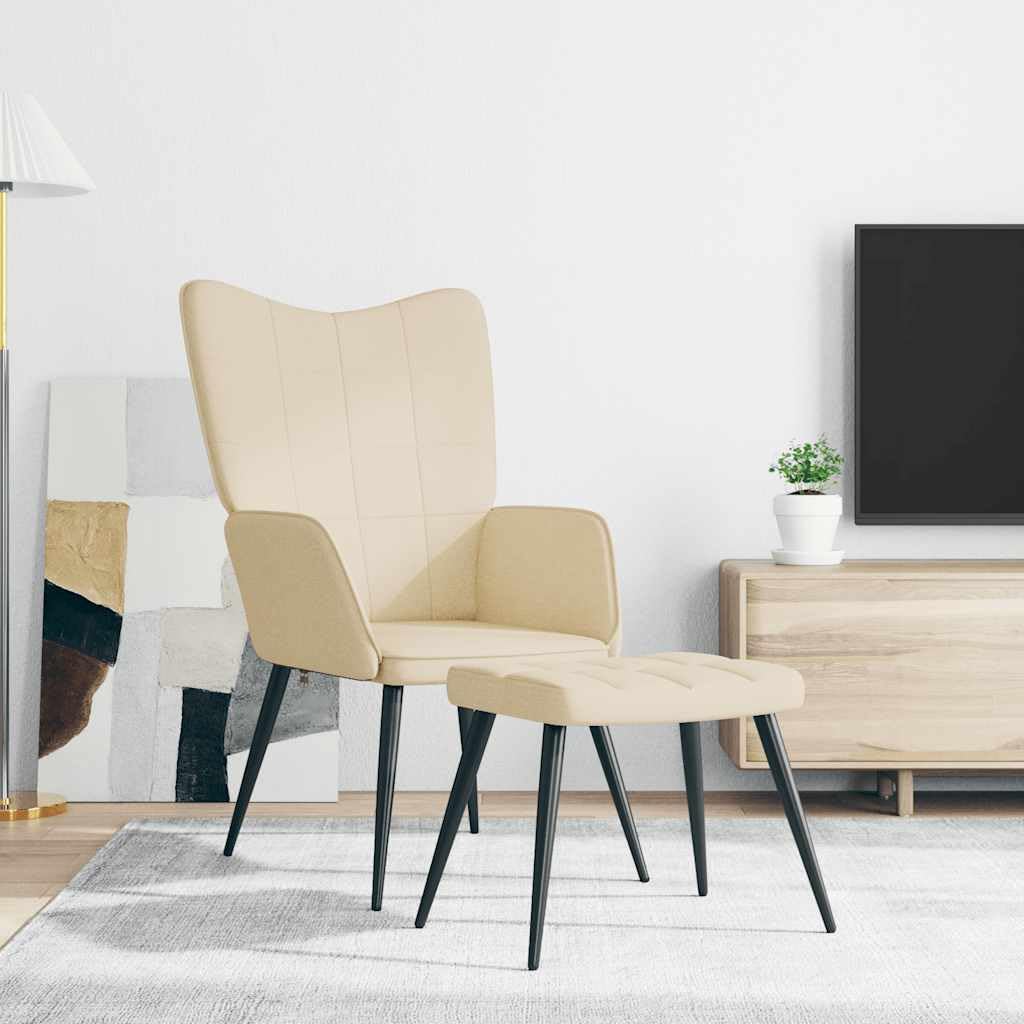 Sillón de relax con taburete de tela crema acolchado ergonómico con reposabrazos y respaldo, muebles de salón para salón y oficina, giratorio, moderno escandinavo, pequeño y cómodo