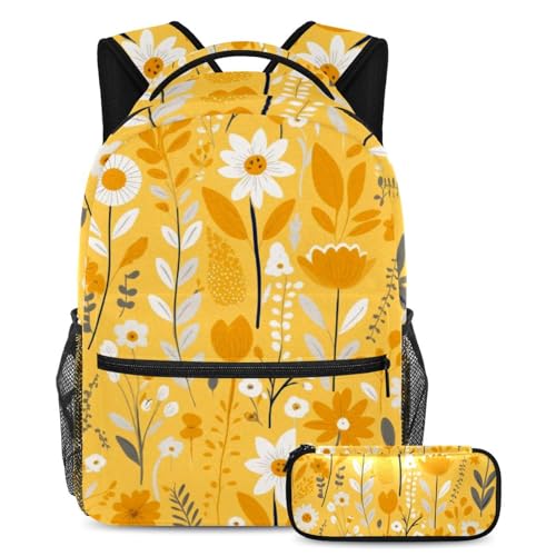 Ensemble cartable 2 pièces avec sac à dos fleuri jaune et trousse assortie pour l'école
