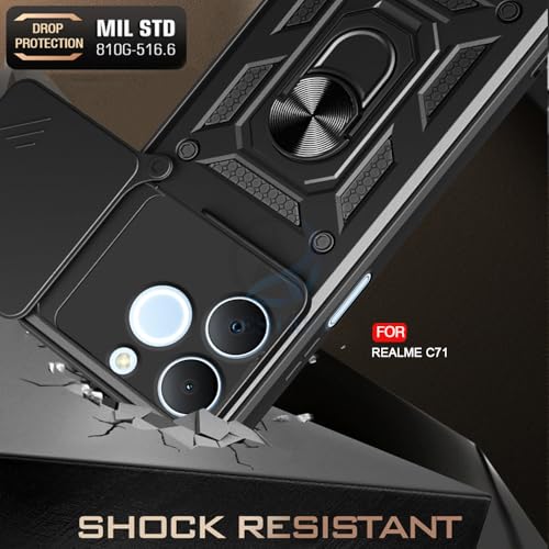 Image of AESTMO Tough Armor Realme C71 Bumper Back Case Cover | Ring Holder & Sliding Camera Shield Cover | 360 Degree Protection Back Case Cover for Realme C71 (Black)