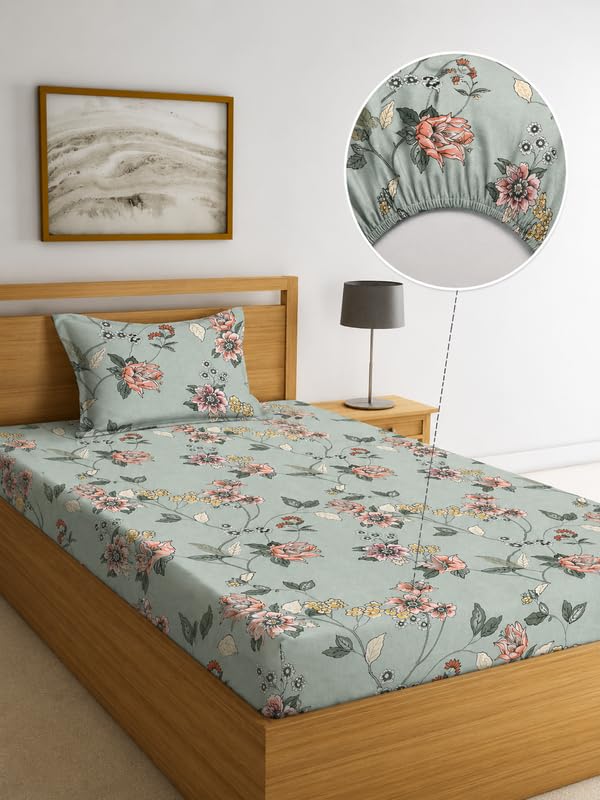 Image of la' amour Single Size Fitted Bedsheet with 1 Pillow Cover, Soft Breathable Elastic Bed Sheet for Single Bed, Premium Printed Bedsheet with All Around Elastic - 36 x 72 + 6 Inches, Sage Vintage Floral