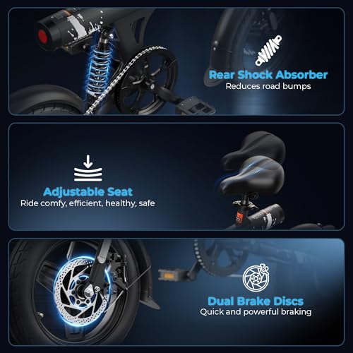 VARUN Electric Bike, 14" Folding Electric Bike 36V 280.8Wh Battery, 45KM Max Range, LCD Display, Rear Shock Absorber, Integrated Wheels, Commuter Ebike for Adults and Teens - Image 4