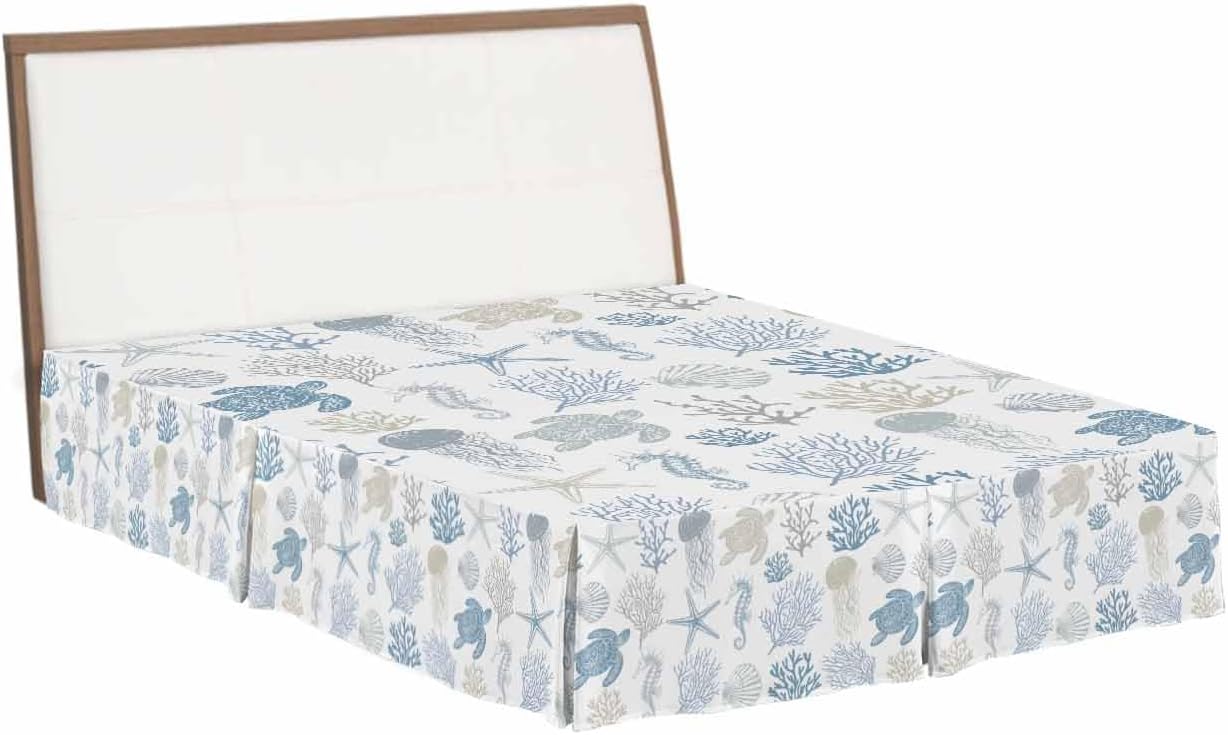 Blue Coastal Bed Skirt King Size 18 Inch Drop Bed Frame Cover, Nautical Summer Beach Coral Sea Turtle Sheet & Wrap Around Bed Skirts Box Spring Cover Dust Ruffle for King Size Bed