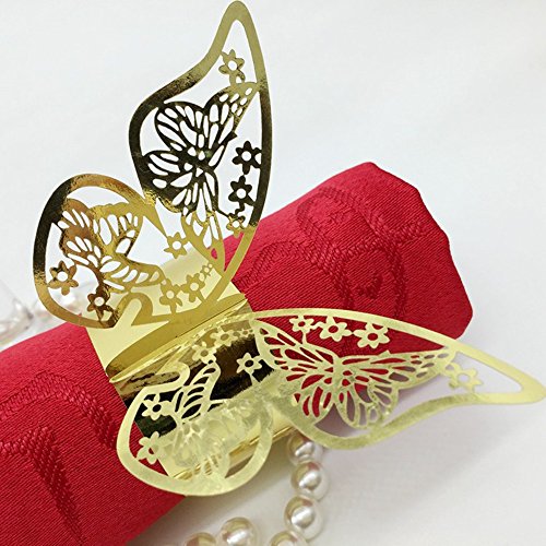 King&Pig 50pcs Laser Cut Butterfly Shape Napkin Rings for Dinners Lunch Tables Home Wedding Birthday Date Anniversray Party Decorations (Bright Gold)