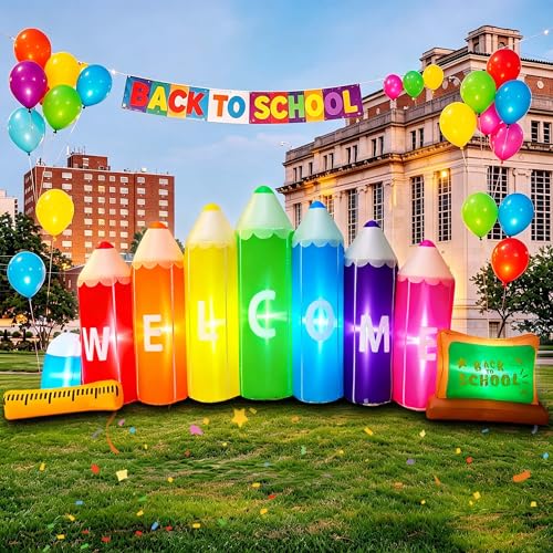 SEASONBLOW 9 Ft Welcome Back to School Inflatables Colored Pencils Decoration LED Lighted Blow Up First Day of School Party Decor for Kindergarten Preschool Graduation Outdoor Garden Yard Lawn