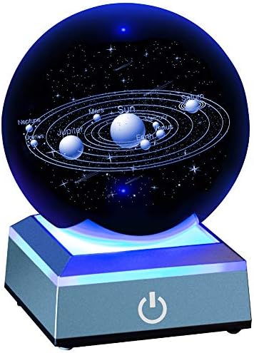 ERWEI 3D Solar System Model Crystal Ball 80mm 3.15" Laser Engraved Hologram with Light Up Base Planet Model Science Astronomy Learning Toys Educational Gift for Kids