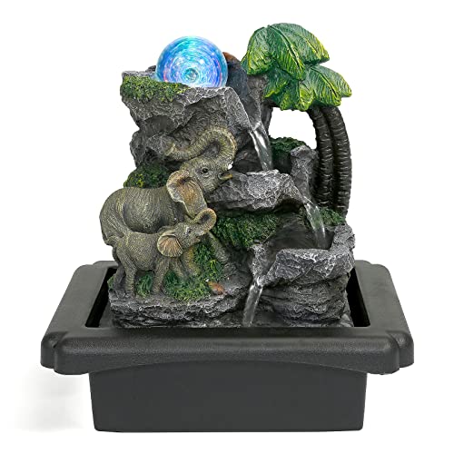 Dyna-Living Zimmerbrunnen Tischbrunnen mit Rollender Kugel, Brunnen Polyresin Springbrunnen LED-Beleuchtung Mehrfarbig, Tischplatte Wasserbrunnen Wasserfall Brunnen