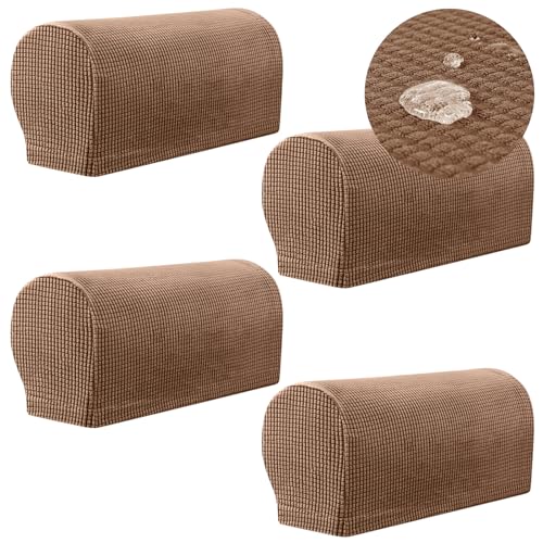 YancLife Armchair Covers, Set of 4 Waterproof Armrest Chair Covers, Non-Slip Arm Protector Stretch Armchair Couch Anti-Scratch Sofa Armrest Protector for Recliner Sofa Couches (Light Brown)