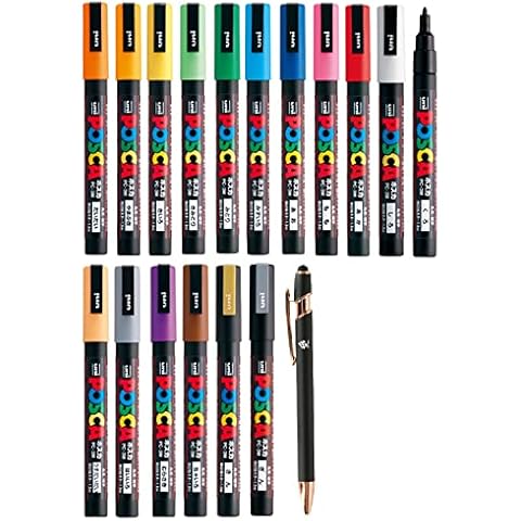 Uni Paint Marker Poster Color 17 Marking Pen Fine Point PC-3M 15 Standard & Gold,Silver Set With Kanji LOVE Sticker Cover