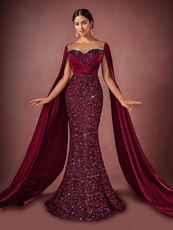 Sparkly Sequin Mermaid Prom Dresses for Women Beaded Formal Dresses Sweetheart Evening Party Gowns with Cape - Image 4